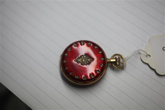 A continental 18ct gold red enamel and rose cut diamond set keyless dress fob watch,